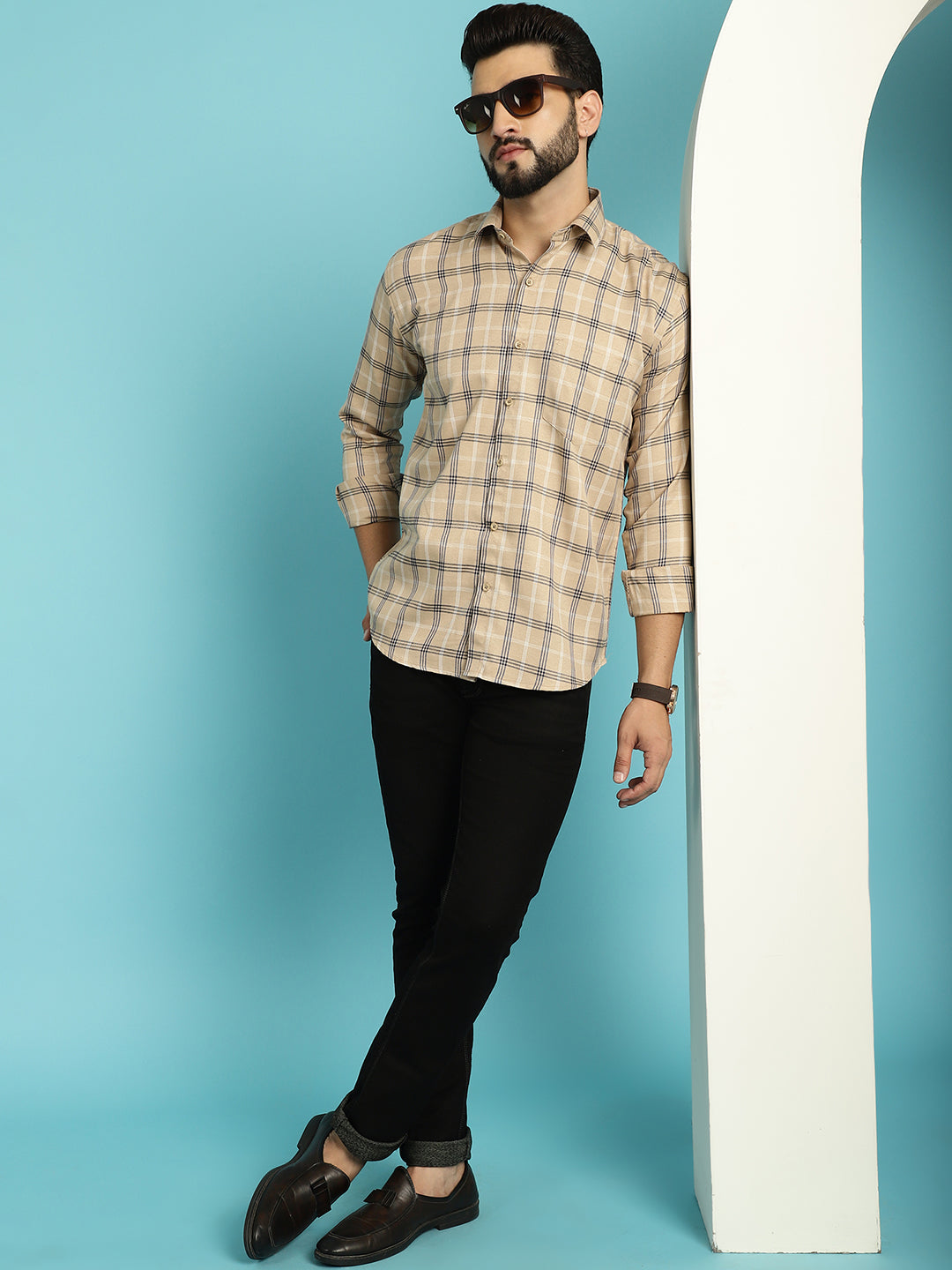 Peach Perfection Checkered Shirt for Men – Embrace Subtle Elegance in Every Detail