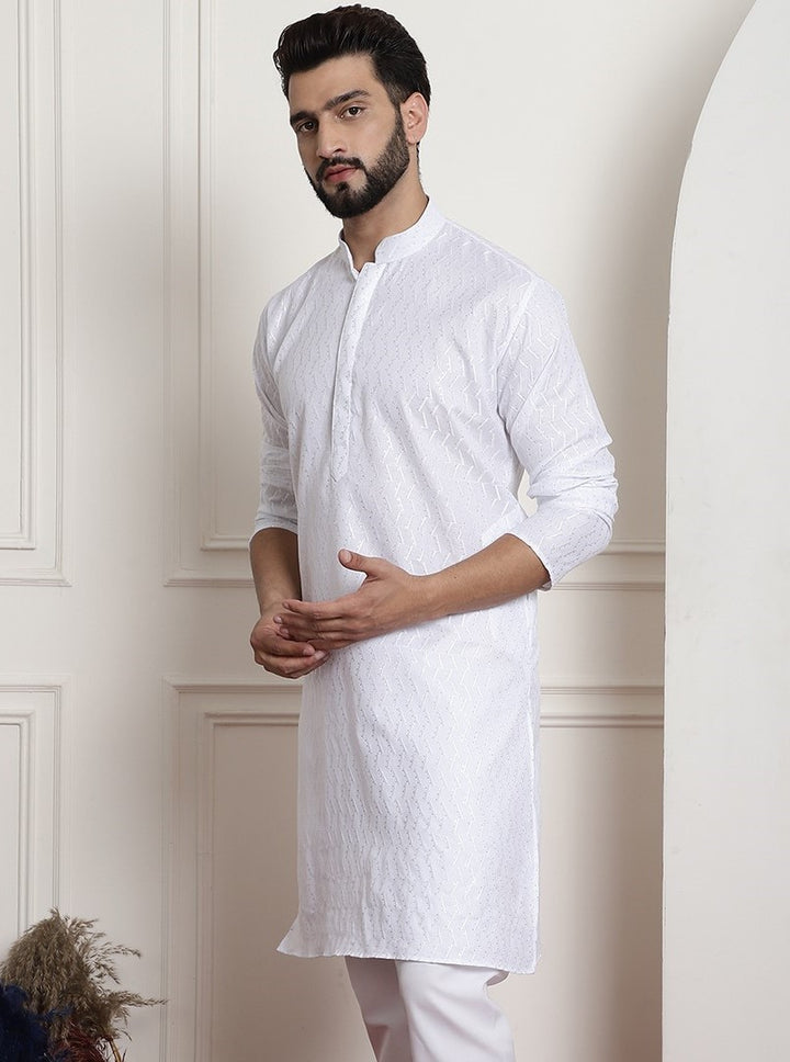 Men's White Chikankari Embroidered & Sequence Kurta