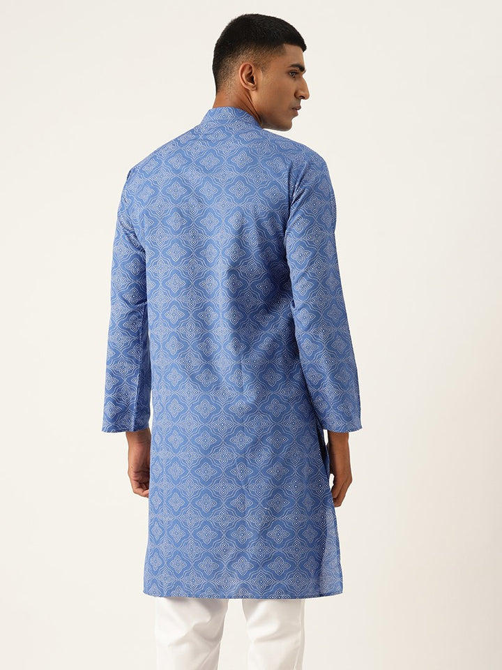 Mandarin Collar Ethnic Printed Cotton Royal Blue Regular Kurta