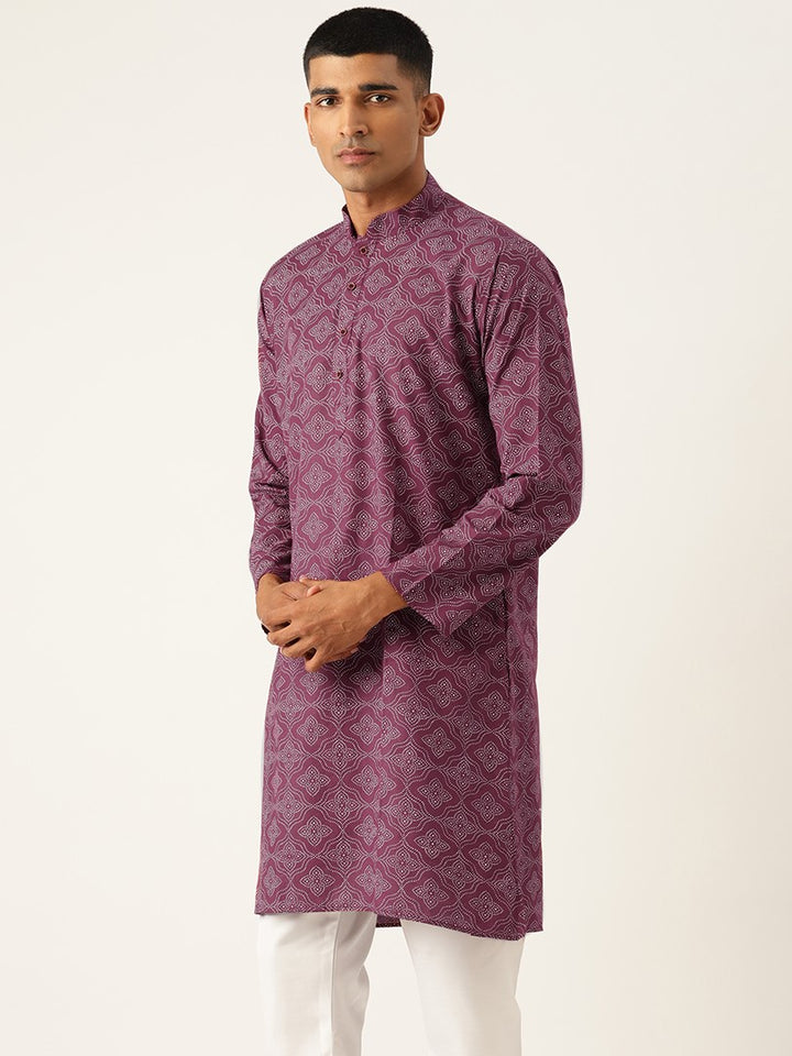 Block Printed Mandarin Collar Cotton Linen Maroon Straight Kurta