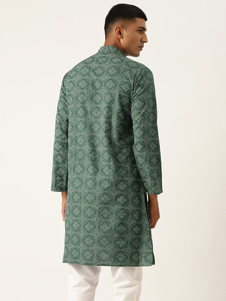 Mandarin Collar Ethnic Printed Cotton Green Regular Kurta