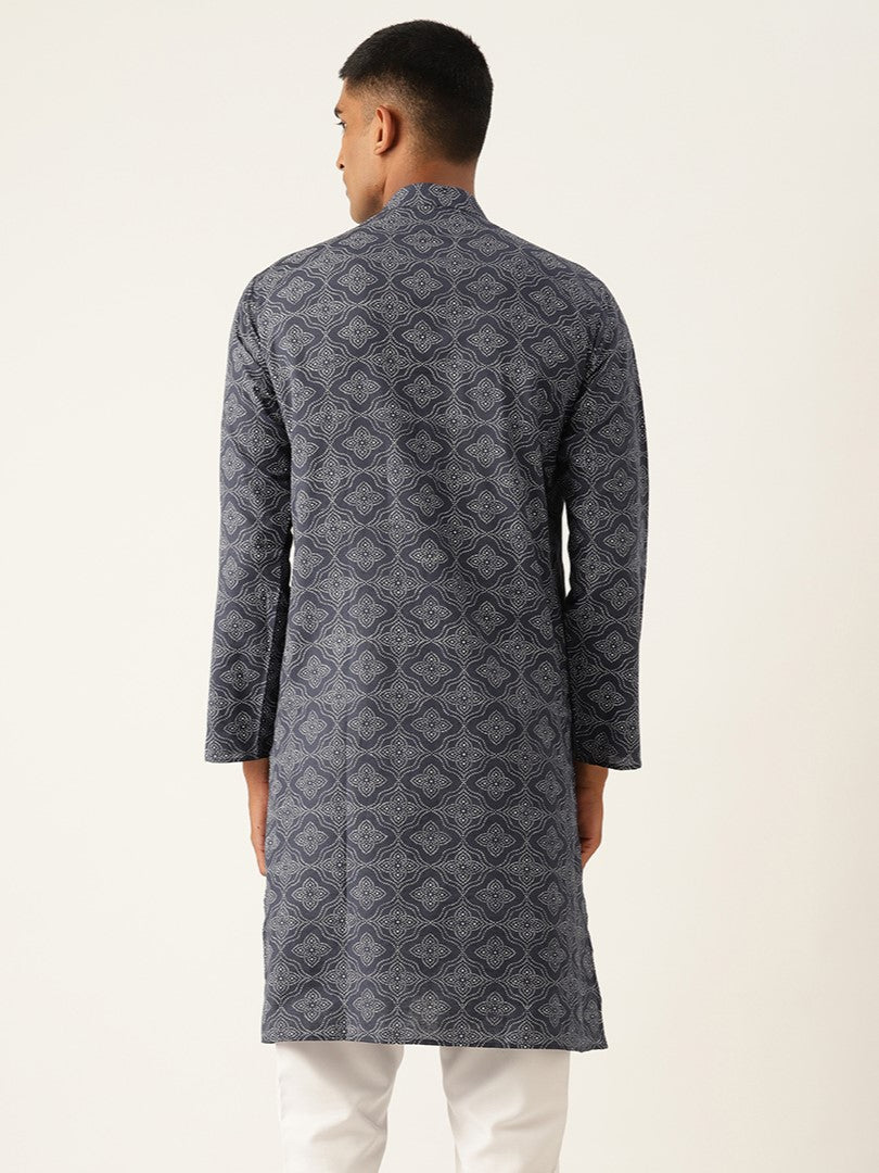 Mandarin Collar Ethnic Printed Cotton Navy Blue Regular Kurta