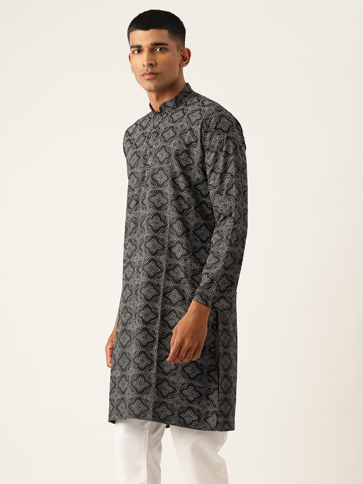 Block Printed Mandarin Collar Cotton Linen Black Straight Kurta