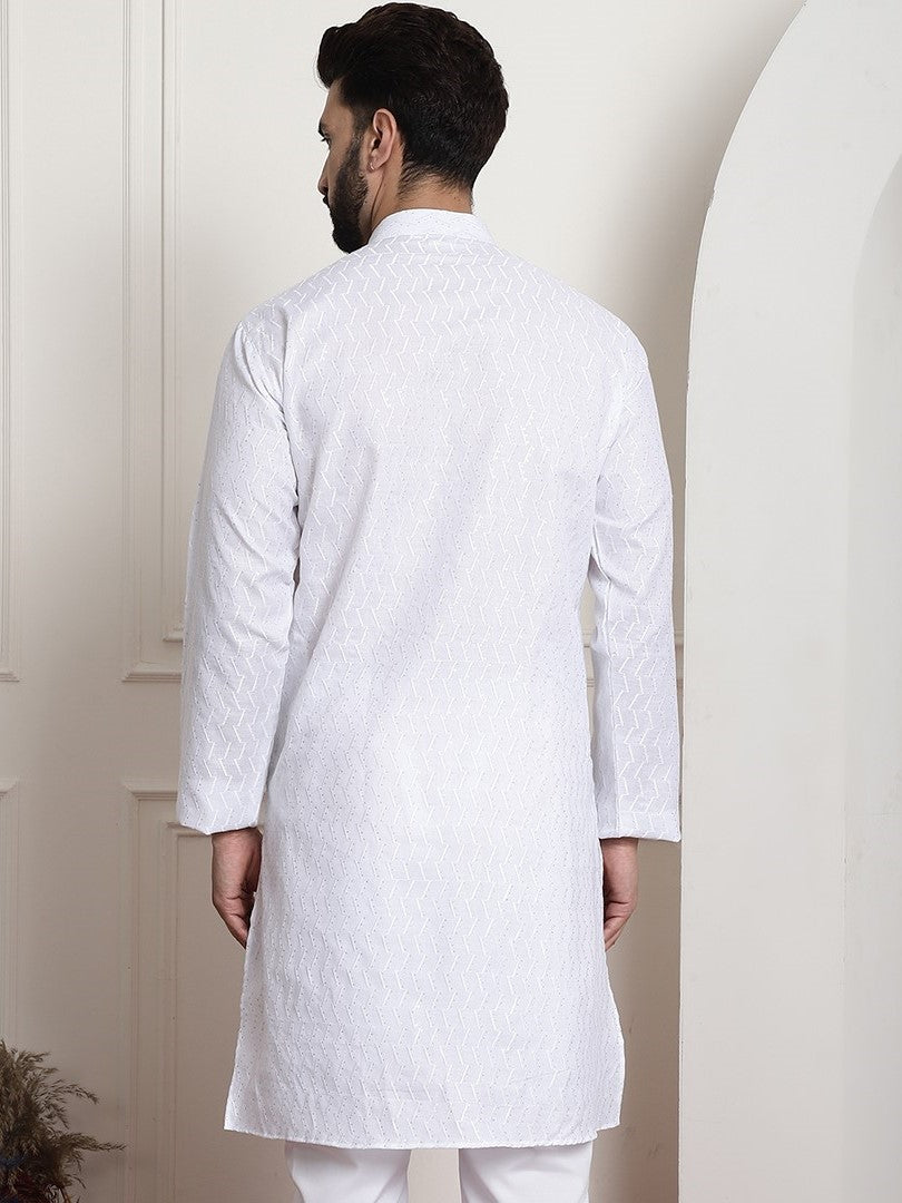 Men's White Chikankari Embroidered & Sequence Kurta