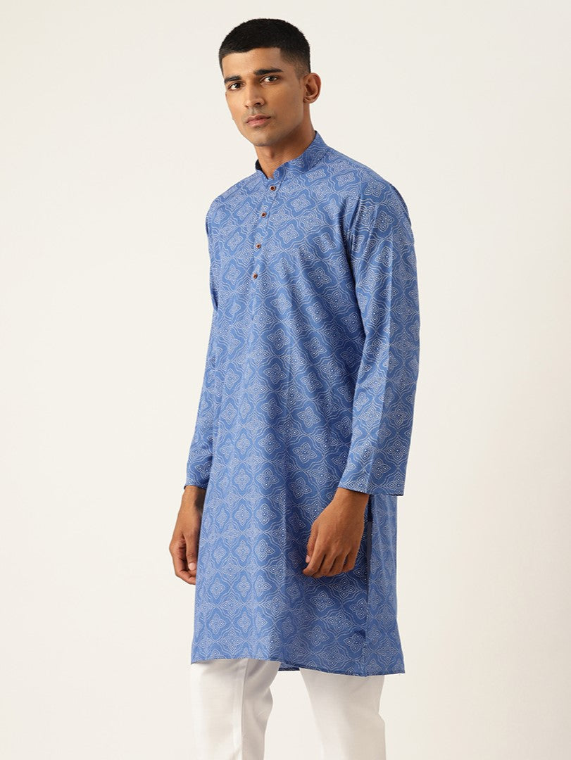 Mandarin Collar Ethnic Printed Cotton Royal Blue Regular Kurta