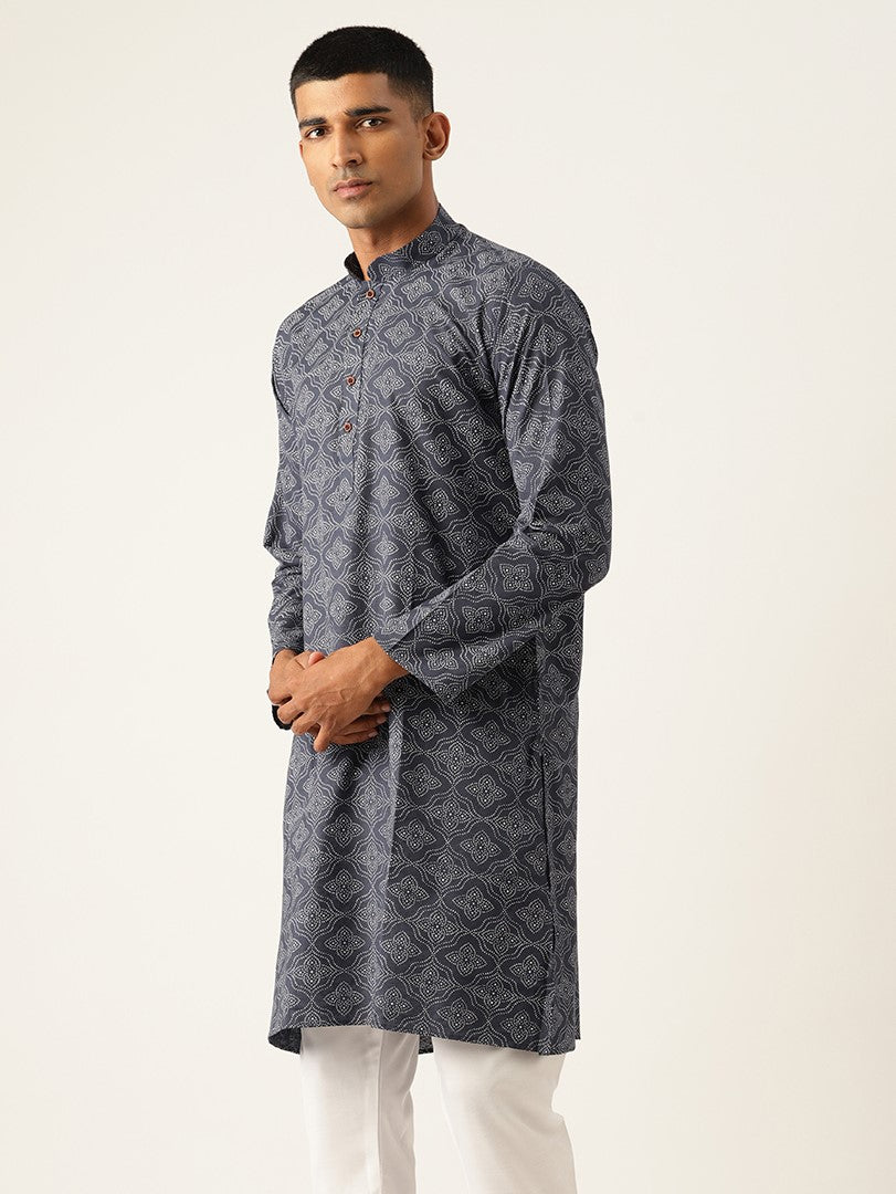 Mandarin Collar Ethnic Printed Cotton Navy Blue Regular Kurta