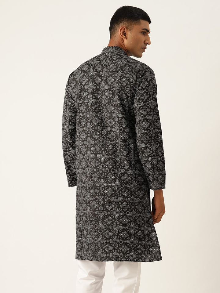 Block Printed Mandarin Collar Cotton Linen Black Straight Kurta