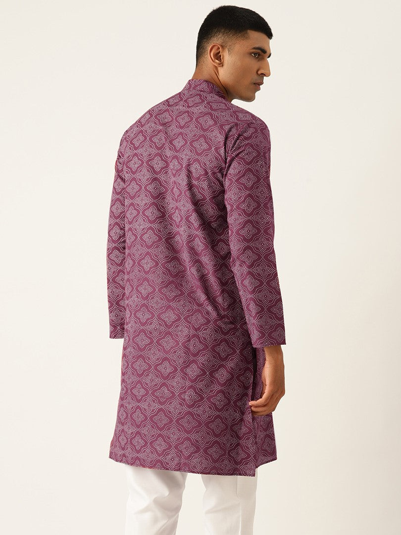 Block Printed Mandarin Collar Cotton Linen Maroon Straight Kurta