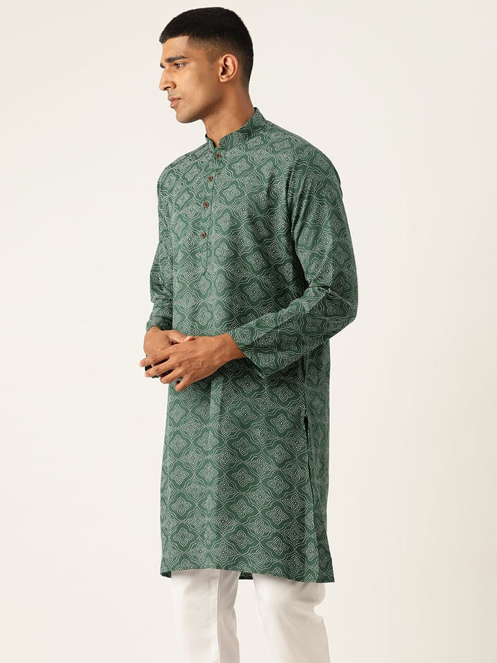 Mandarin Collar Ethnic Printed Cotton Green Regular Kurta