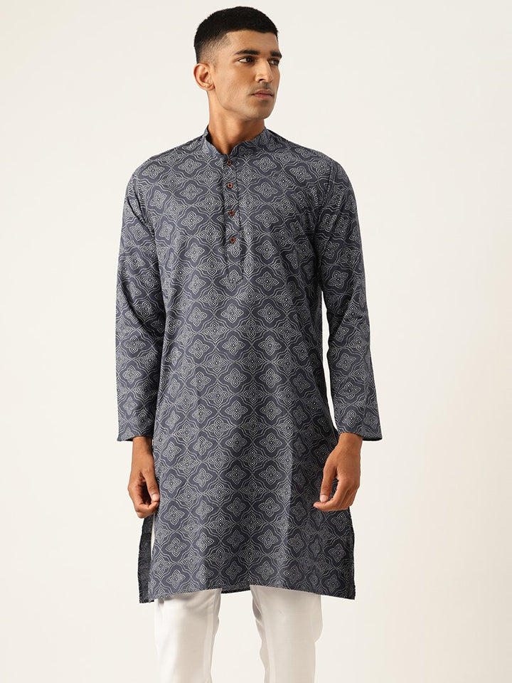 Mandarin Collar Ethnic Printed Cotton Navy Blue Regular Kurta