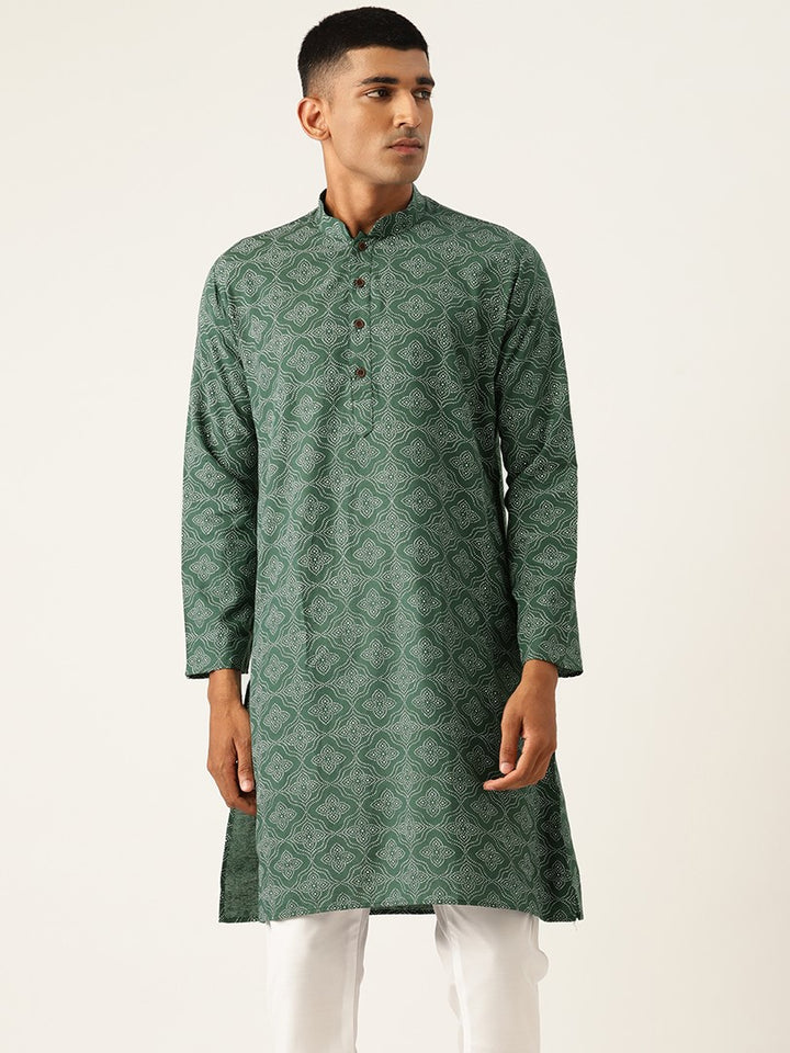 Mandarin Collar Ethnic Printed Cotton Green Regular Kurta