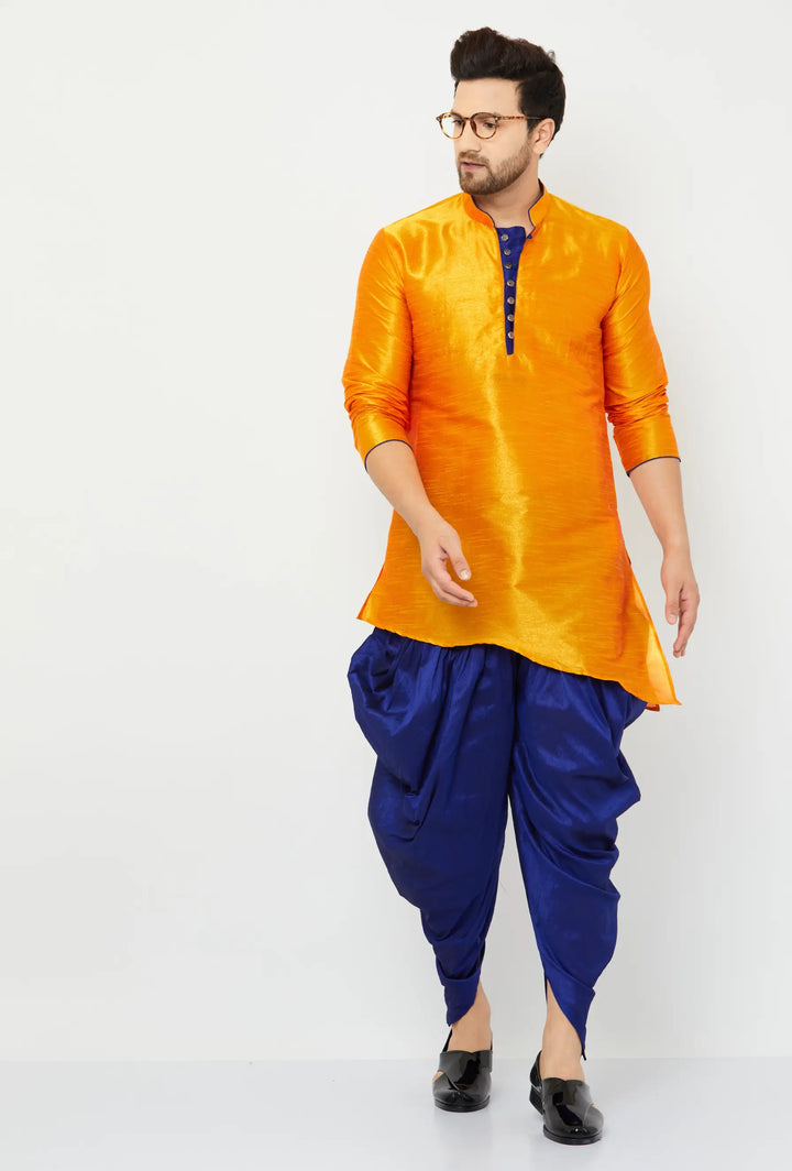 Exquisite Orange and Blue Dhoti Kurta Set for Men