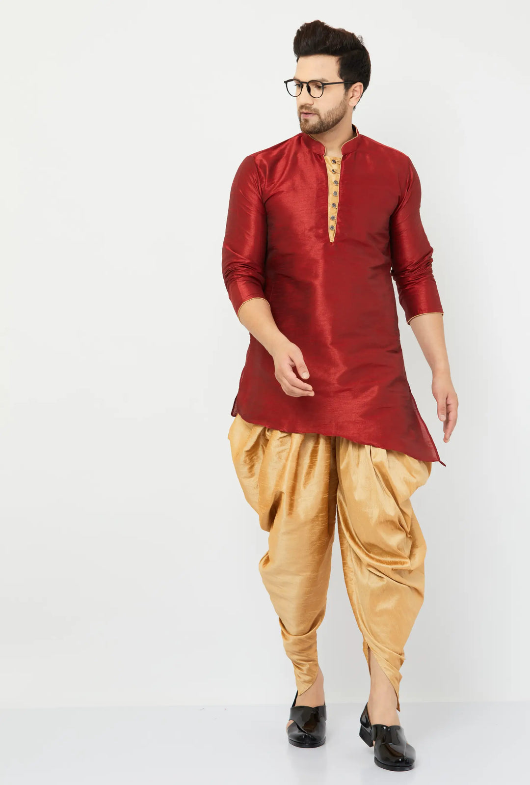 Regal Maroon and Gold Silk Dhoti Kurta Set for Men