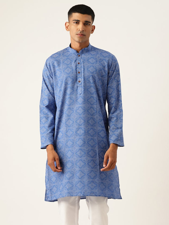 Mandarin Collar Ethnic Printed Cotton Royal Blue Regular Kurta