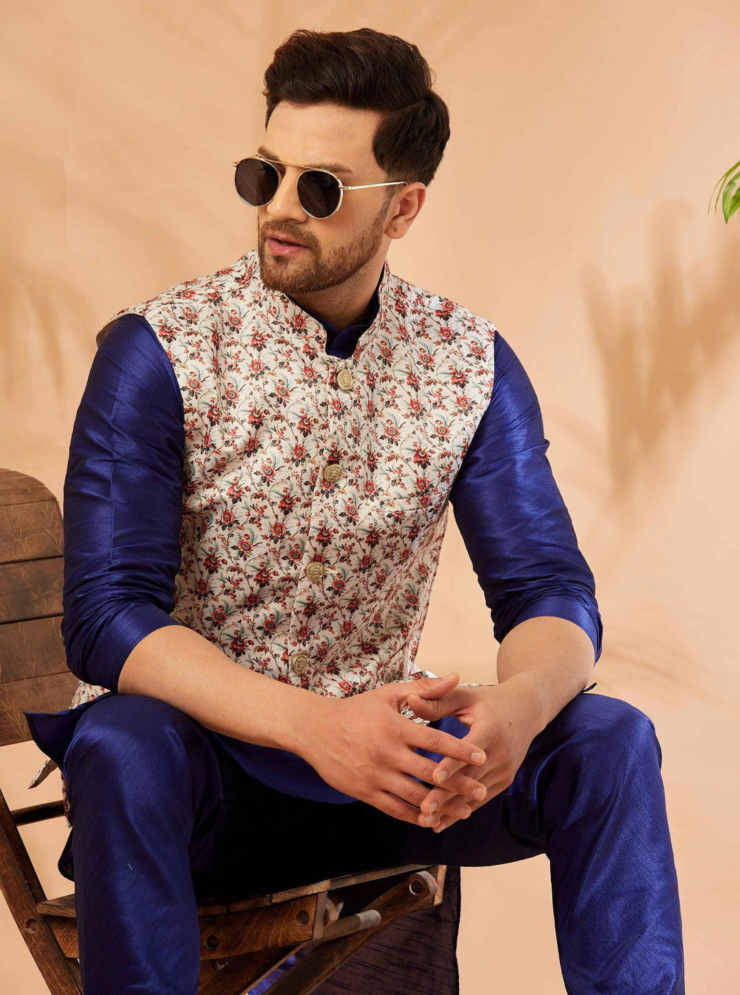 Harmony in Style Cream and Red Nehru Jacket for Men