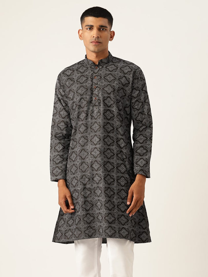 Block Printed Mandarin Collar Cotton Linen Black Straight Kurta