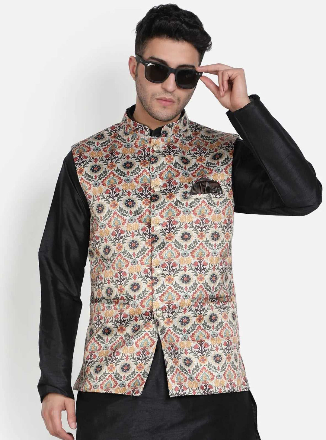 Harmony in Contrast Black and Green Flower Print Nehru Jacket for Men