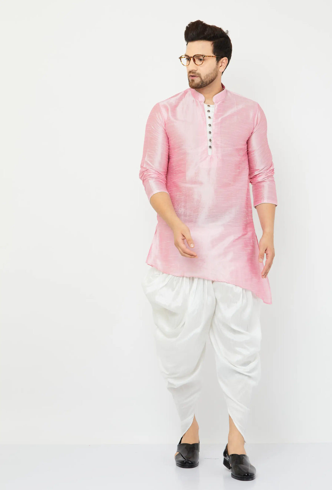 Charming Pink and White Silk Dhoti Kurta Set for Men