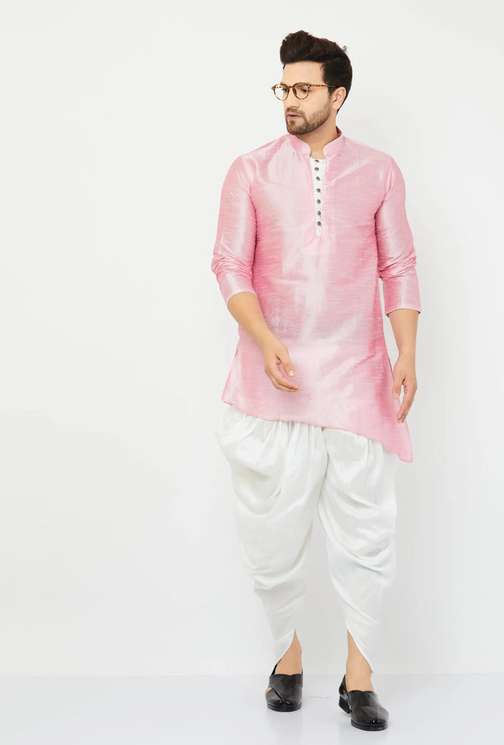 Charming Pink and White Silk Dhoti Kurta Set for Men