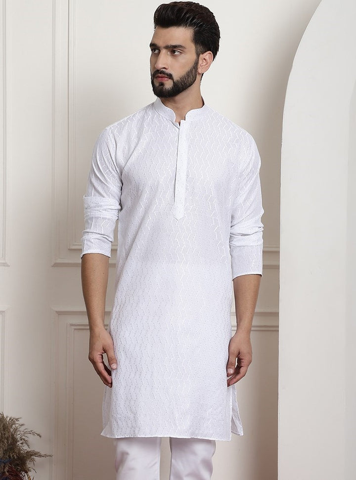 Men's White Chikankari Embroidered & Sequence Kurta