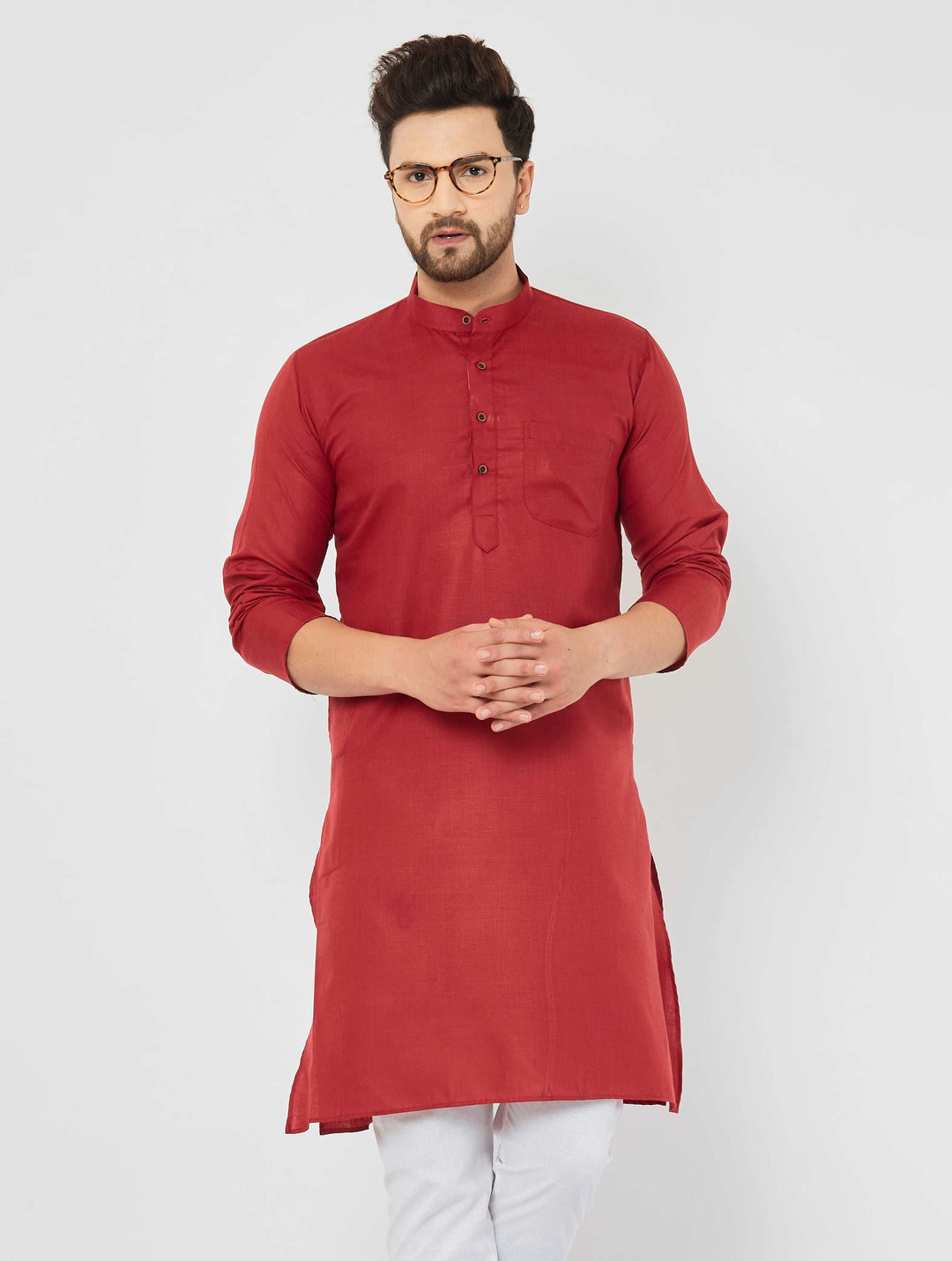 Men's Plain Solid Maroon Cotton Kurta