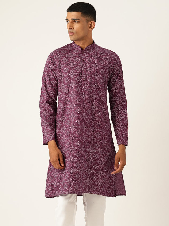 Block Printed Mandarin Collar Cotton Linen Maroon Straight Kurta