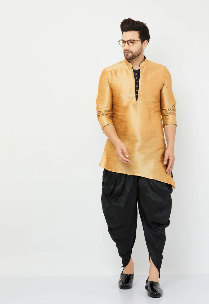 Elegant Gold and Black Silk Dhoti Kurta Set for Men