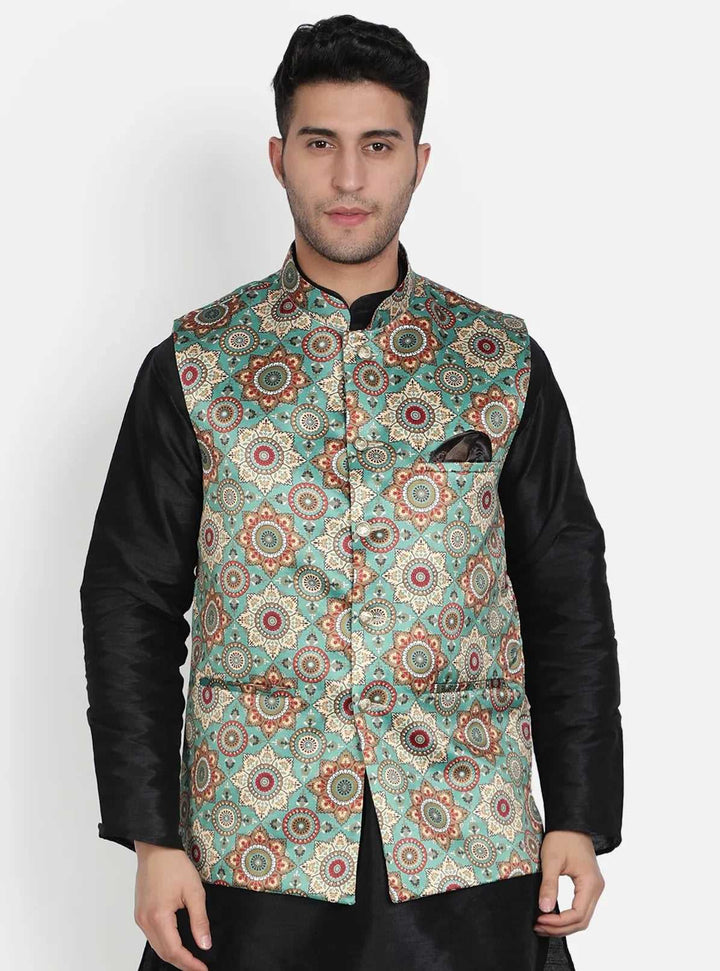 Green Elegance Discover Style with Our Printed Bandi Jacket for Men