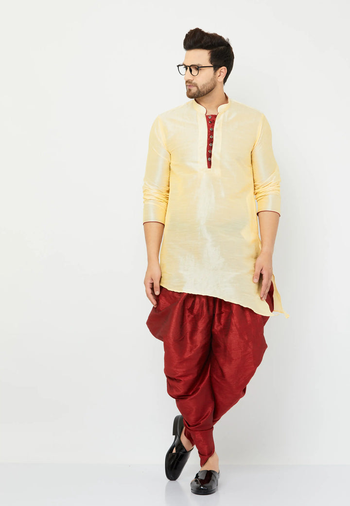 Beige Silk Kurta and Maroon Dhoti Set for men