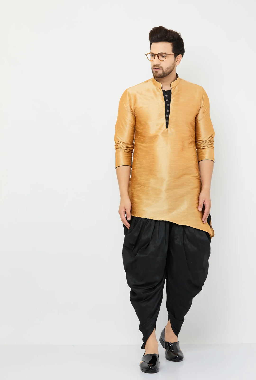 Elegant Gold and Black Silk Dhoti Kurta Set for Men