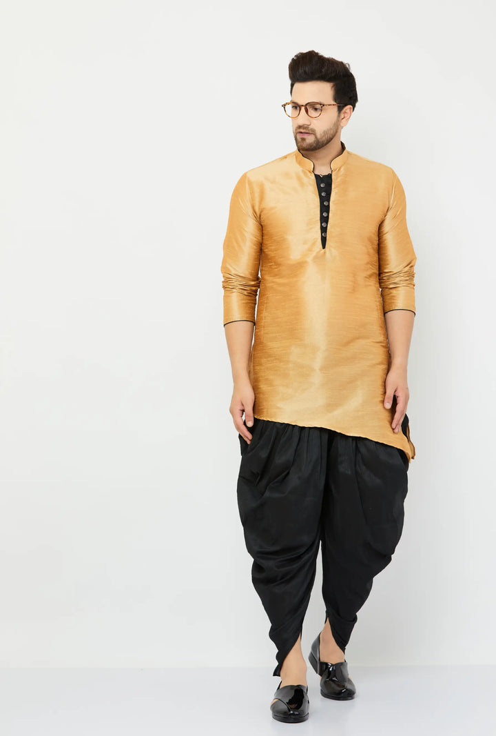 Elegant Gold and Black Silk Dhoti Kurta Set for Men