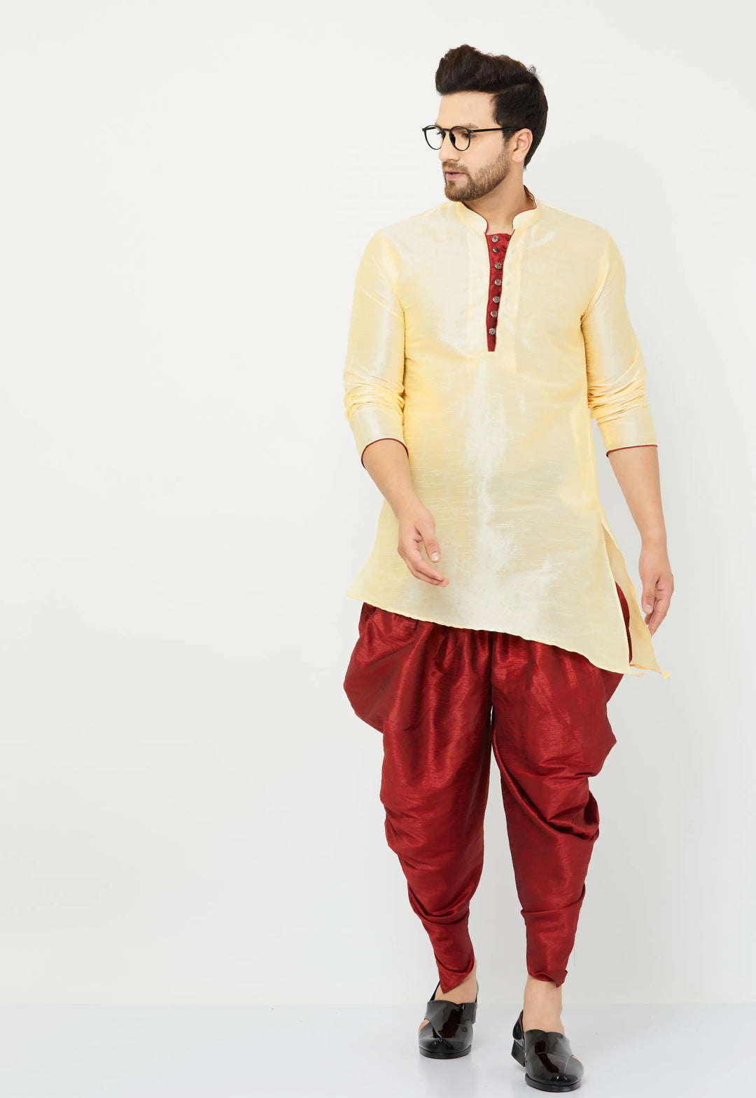 Beige Silk Kurta and Maroon Dhoti Set for men