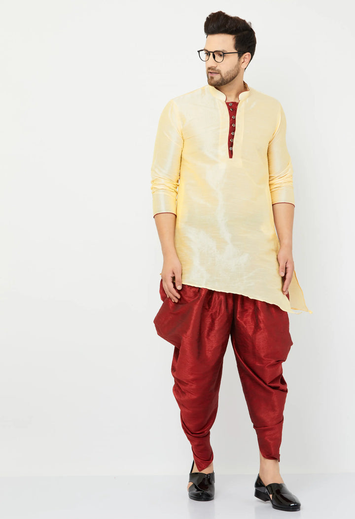 Beige Silk Kurta and Maroon Dhoti Set for men