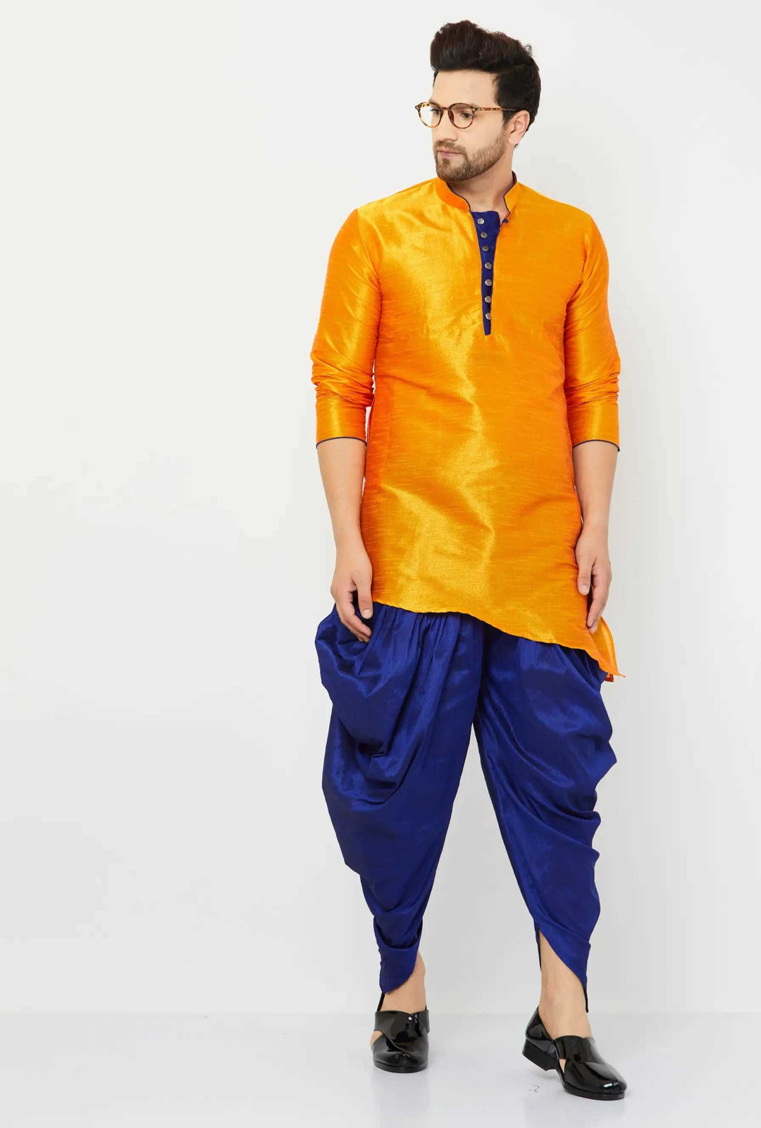 Exquisite Orange and Blue Dhoti Kurta Set for Men