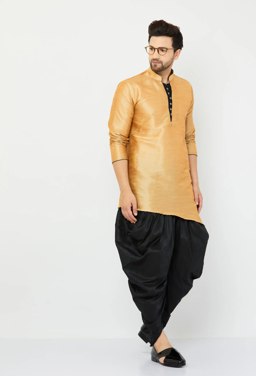 Elegant Gold and Black Silk Dhoti Kurta Set for Men