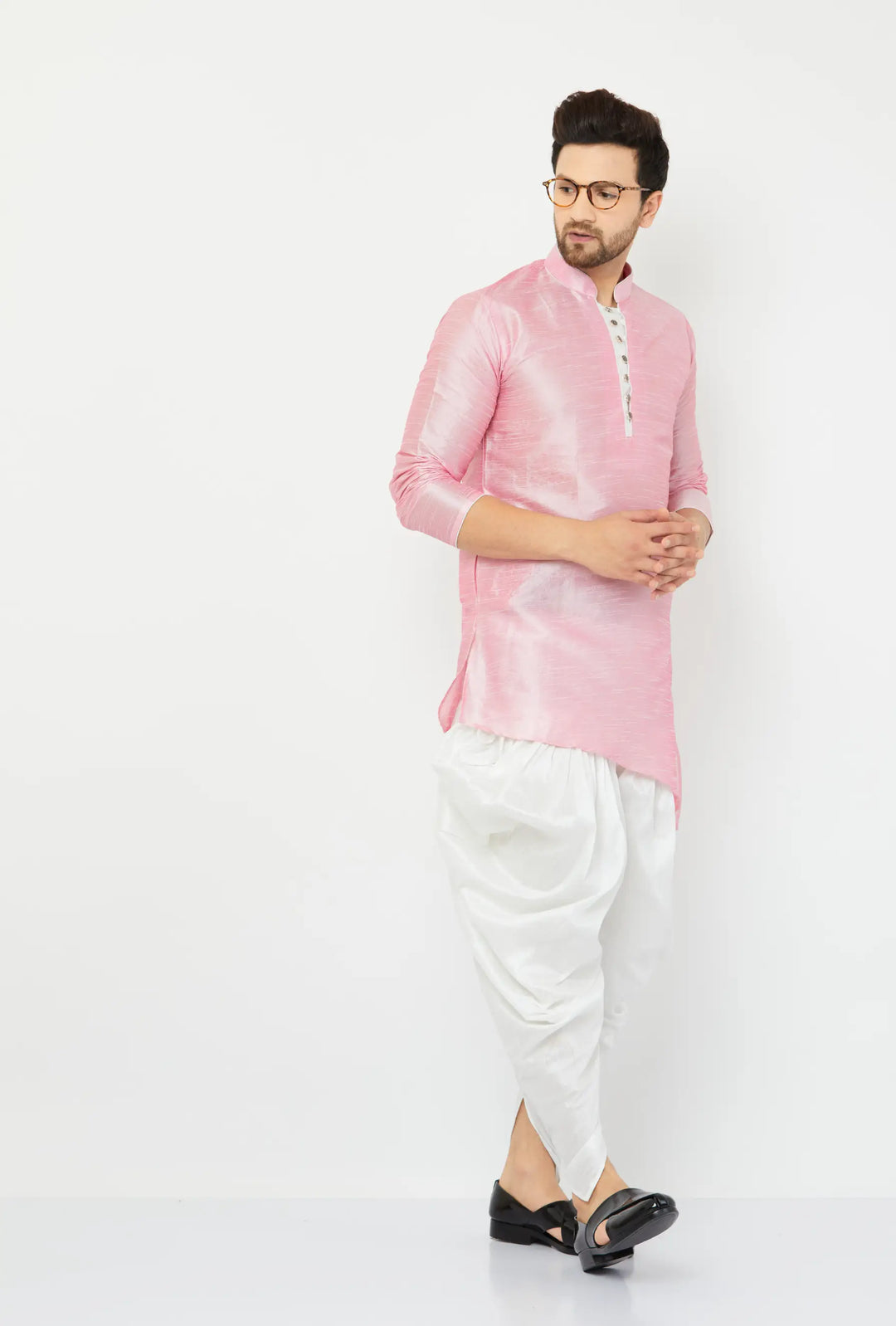 Charming Pink and White Silk Dhoti Kurta Set for Men