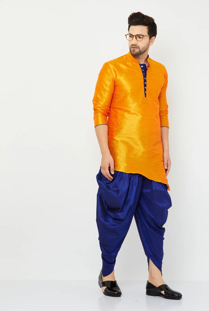 Exquisite Orange and Blue Dhoti Kurta Set for Men