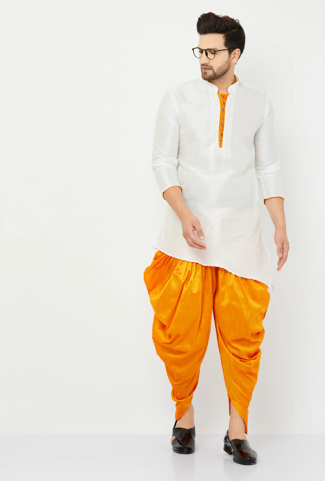 Timeless White and Orange Silk Dhoti Kurta Set for Men