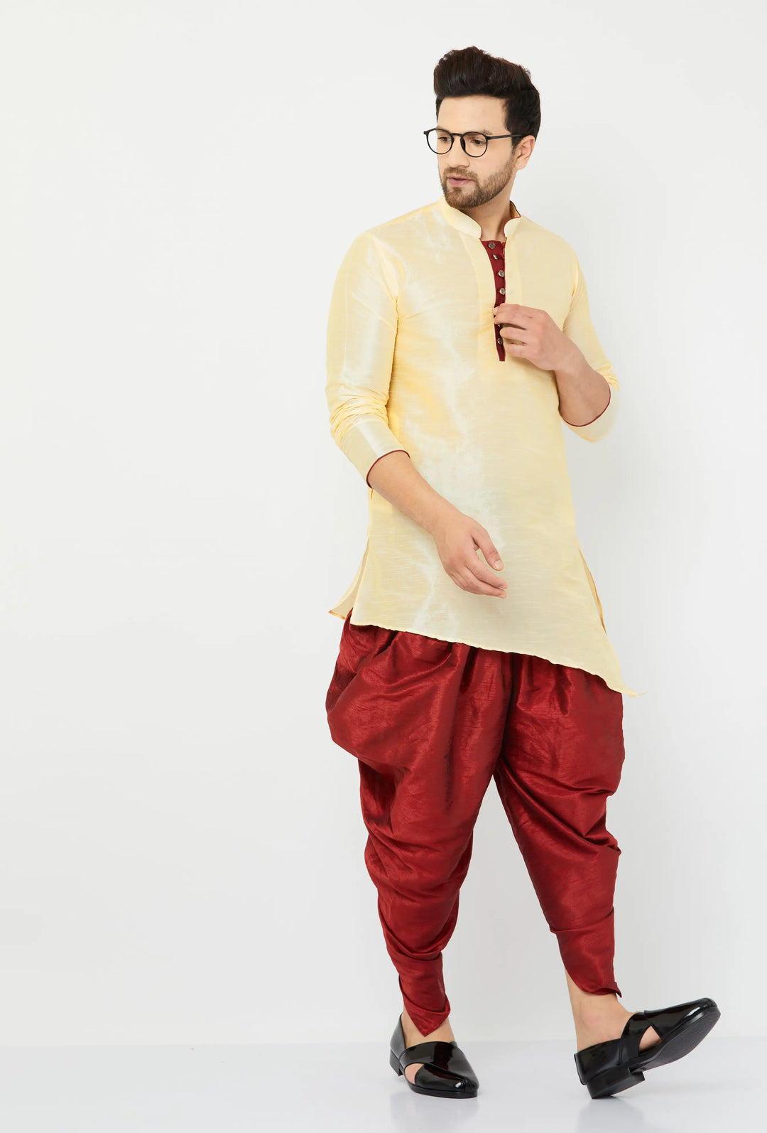 Beige Silk Kurta and Maroon Dhoti Set for men