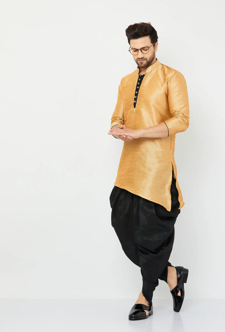 Elegant Gold and Black Silk Dhoti Kurta Set for Men