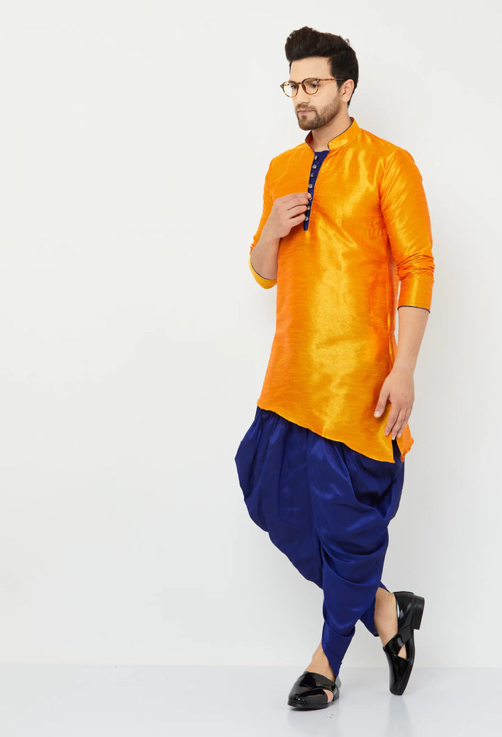 Exquisite Orange and Blue Dhoti Kurta Set for Men