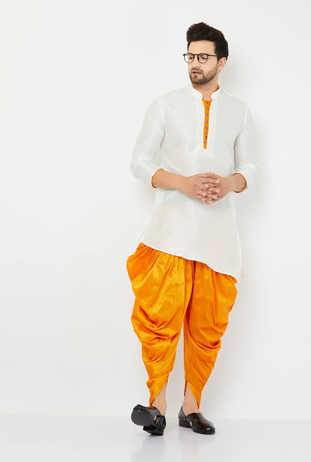 Timeless White and Orange Silk Dhoti Kurta Set for Men