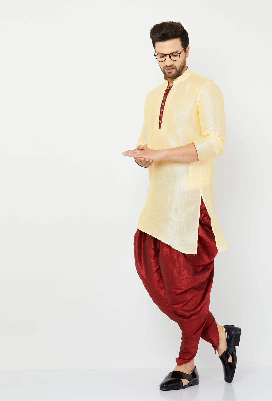 Beige Silk Kurta and Maroon Dhoti Set for men