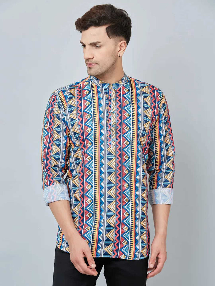 Dynamic Duo Men's Blue & Red Printed Short Kurtas for Vibrant Style