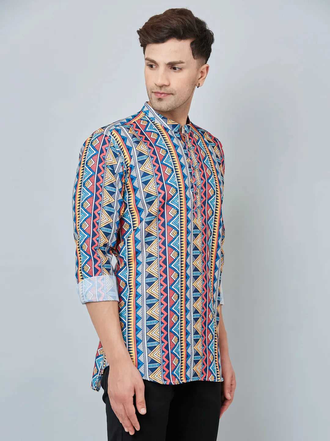 Dynamic Duo Men's Blue & Red Printed Short Kurtas for Vibrant Style