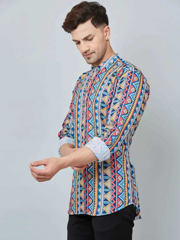 Dynamic Duo Men's Blue & Red Printed Short Kurtas for Vibrant Style