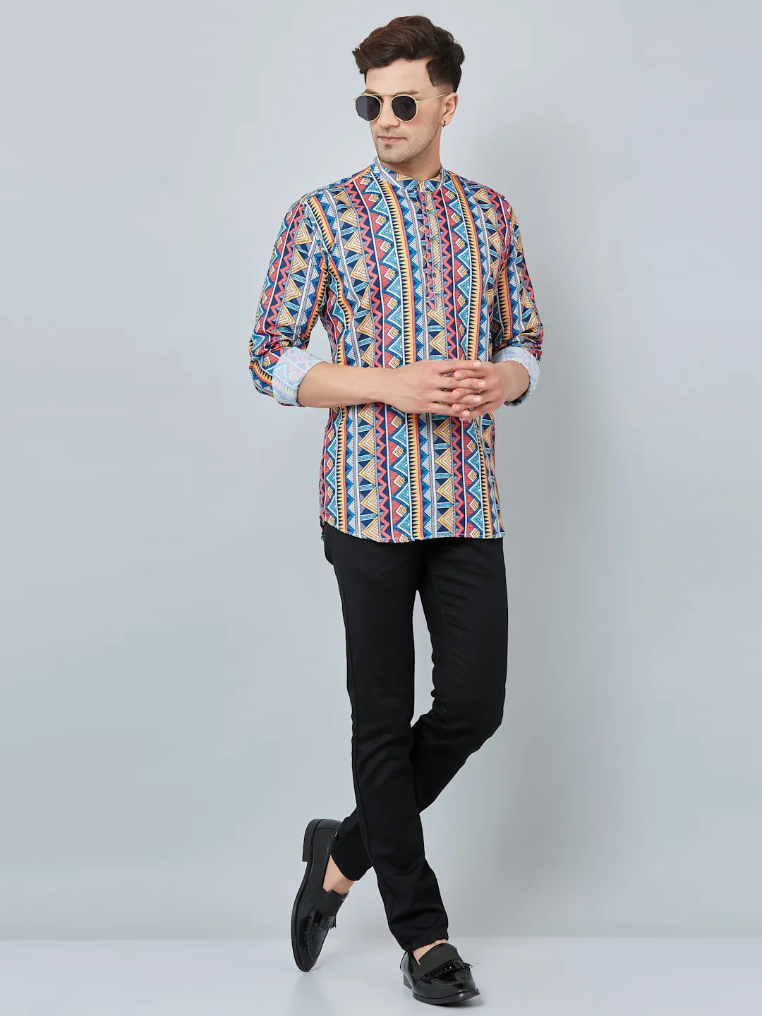 Dynamic Duo Men's Blue & Red Printed Short Kurtas for Vibrant Style