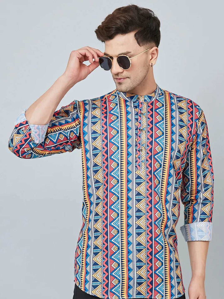 Dynamic Duo Men's Blue & Red Printed Short Kurtas for Vibrant Style