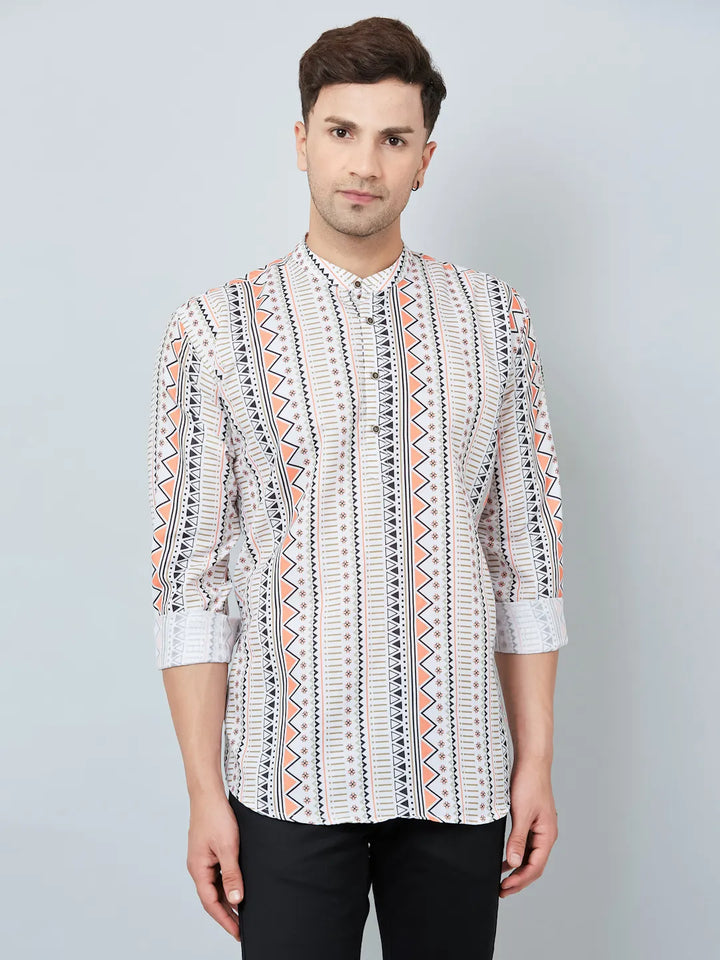 Timeless Sophistication Men's White Printed Short Kurtas for Classic Elegance