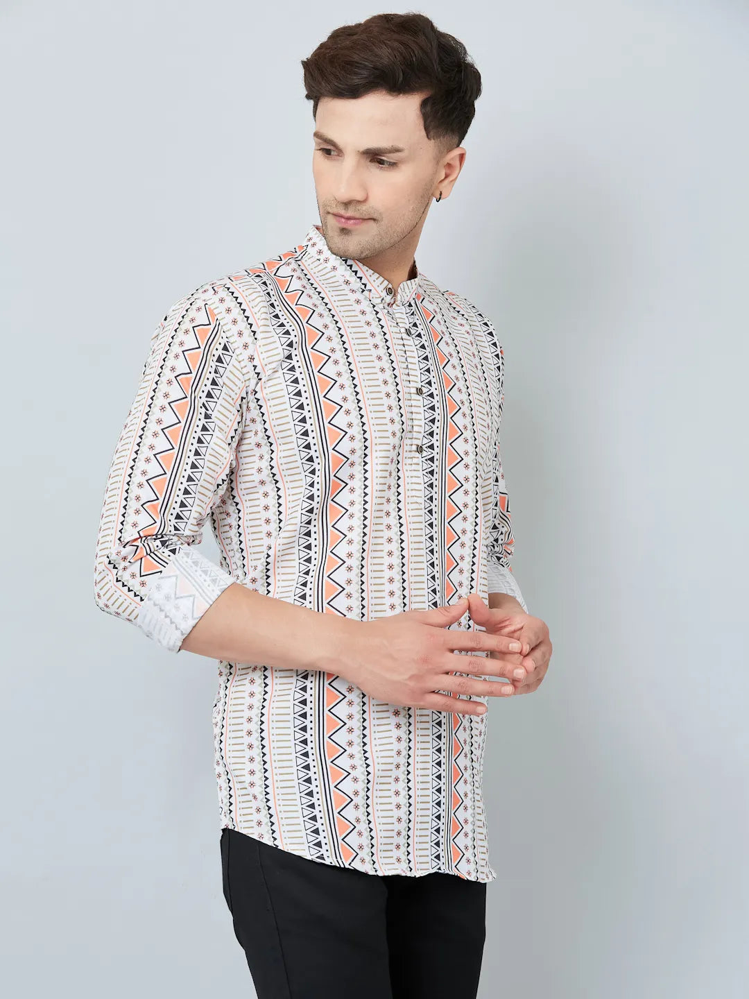 Timeless Sophistication Men's White Printed Short Kurtas for Classic Elegance